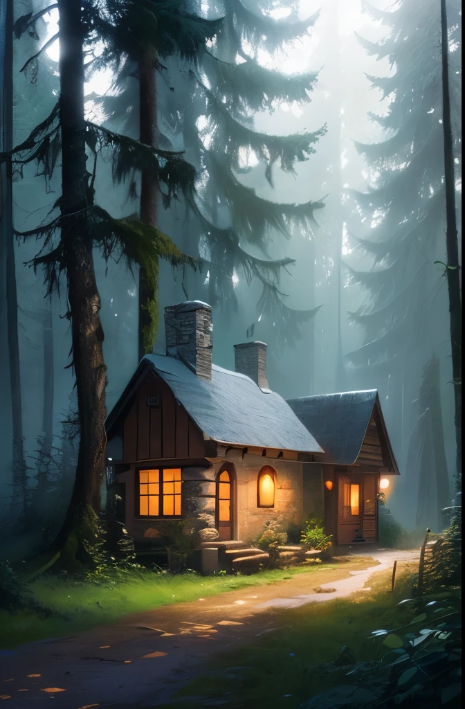 a close up of a small stone building in a forest, solitary cottage in the woods, witch cottage in the forest, witch hut, cottage in the woods, dark fantasy setting, cottage in the forest, house in forest, photorealistic dark concept art, house in the wood, nestled in a forest, beautiful house on a forest path, the house in the forest