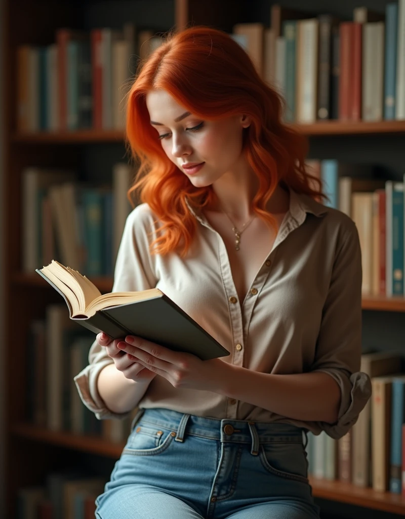 hyper-detail, young woman with red hair, naked, small tits, small nipples, library, butt plug, hiding, skinny, spread legs, realistic, bent over, show pussy, a small bush , without underwear, under the skirt? 18+, masturbating in public , without panties,takes out a book from the bottom shelf