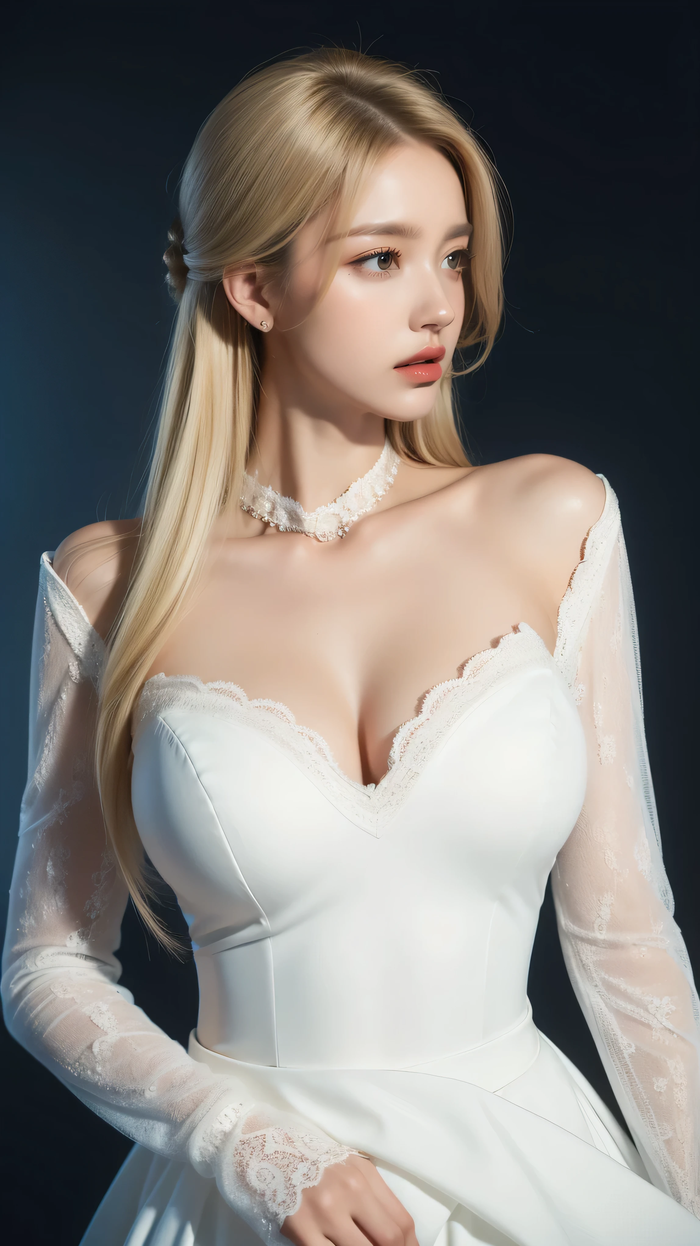 ((1 girl, Show half body)). , Ultra-detailed, Advanced Details, Ultra-realistic, Ultra-Realistic, masterpiece:1.5, figure:1.1, Best Quality:1.5, Realistic, photoRealistic, The finer details, Perfect detail, Sharp colors, 4K, 8k, High resolution, Sharp focus, Sleek Details, High resolution. tall body, Big Breasts:1.5. White Dress, Lace dress, Long sleeve, Lace skirt. A beautiful girl wearing a White Dress. Dark Background. length (blonde) Updo, Beautiful Face, Mouth closed, Closed lips, Detailed face, Beautiful Eyes, Perfect symmetry, perfect eyes. wear (compensate), , lipstick, Glossy lips, Eyeshadow, eyelash. Bright lighting, Neon Light, Flashlight. Looking at the camera.
