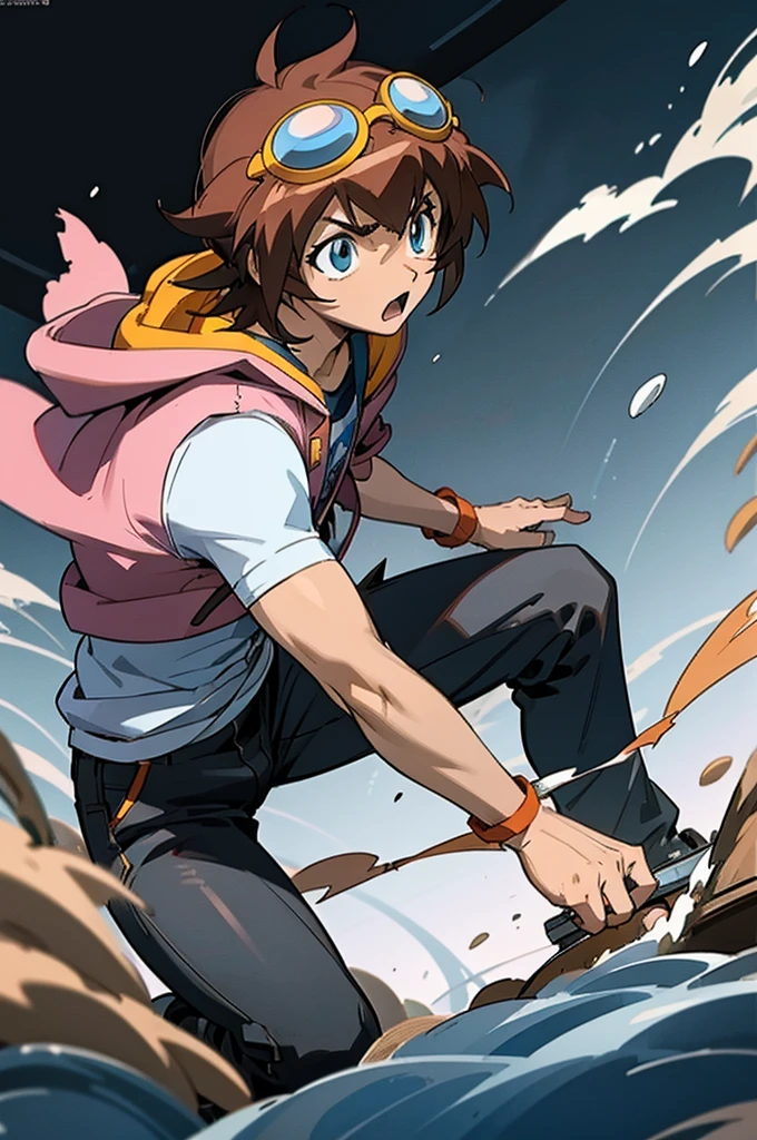 anime, boy, Brown hair, short hair, blue eyes, stylish jacket, black pants, Messy hair, goggles on head, beyblade, male amano madoka, brown hood sweater,