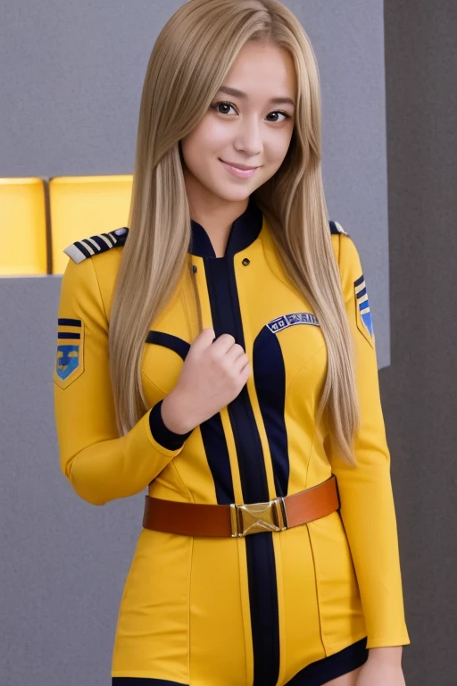 (masterpiece, best quality: 1.2), solo, 1 girl, smile, looking at viewer, arms behind back, long hair, yellow hair, beautiful eyes, yellow yamato suit, belt