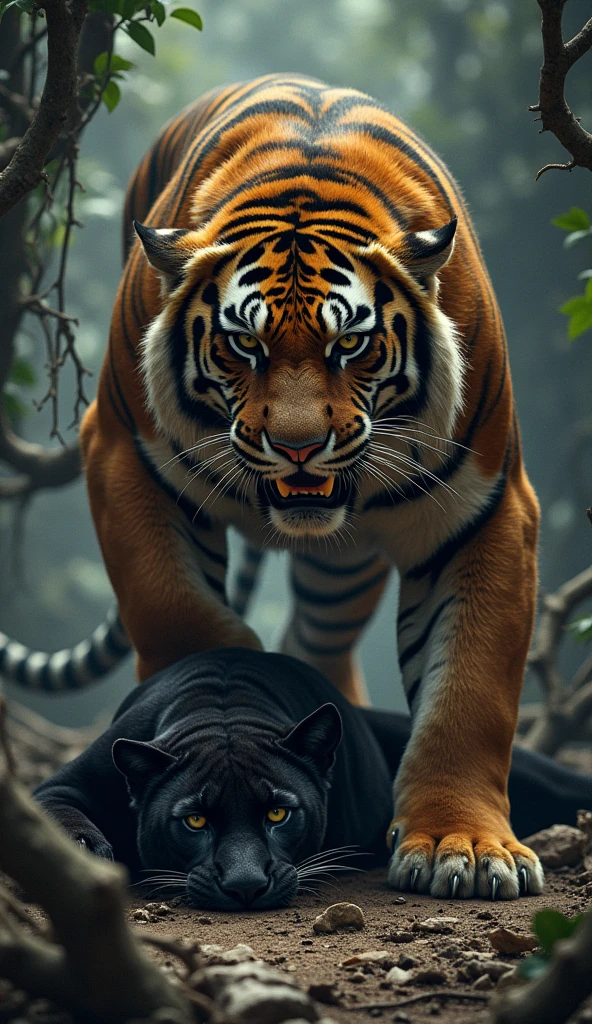 Leopard standing on a dead black panther that it fought in a jungle