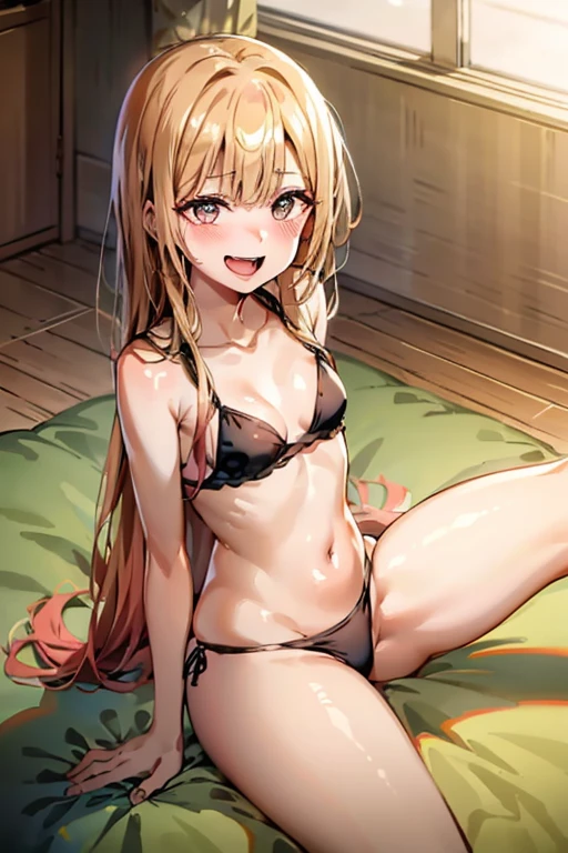 ((Best Quality)), ((masterpiece)), (be familiar with),  perfect face, indoor, bedroom, Watching the audience,
One woman, Kitagawa Marin,
Open Mouth, Ecstatic expression, blush, smile,
Small breasts,  flat chest, , , , Girl,
Long Hair, Long Hair,
Leg spread,