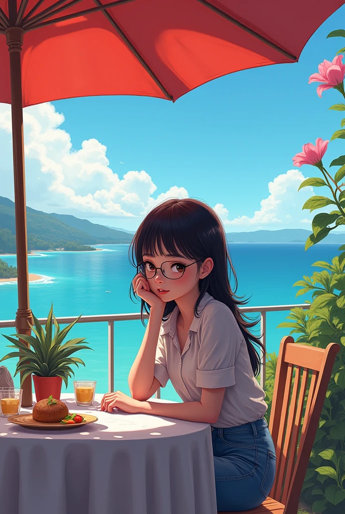 bright colors,  complex details, there is, Sh1k, A Girl With Beautiful Hair With Glasses Sits At A Table Under An Umbrella Sea View,