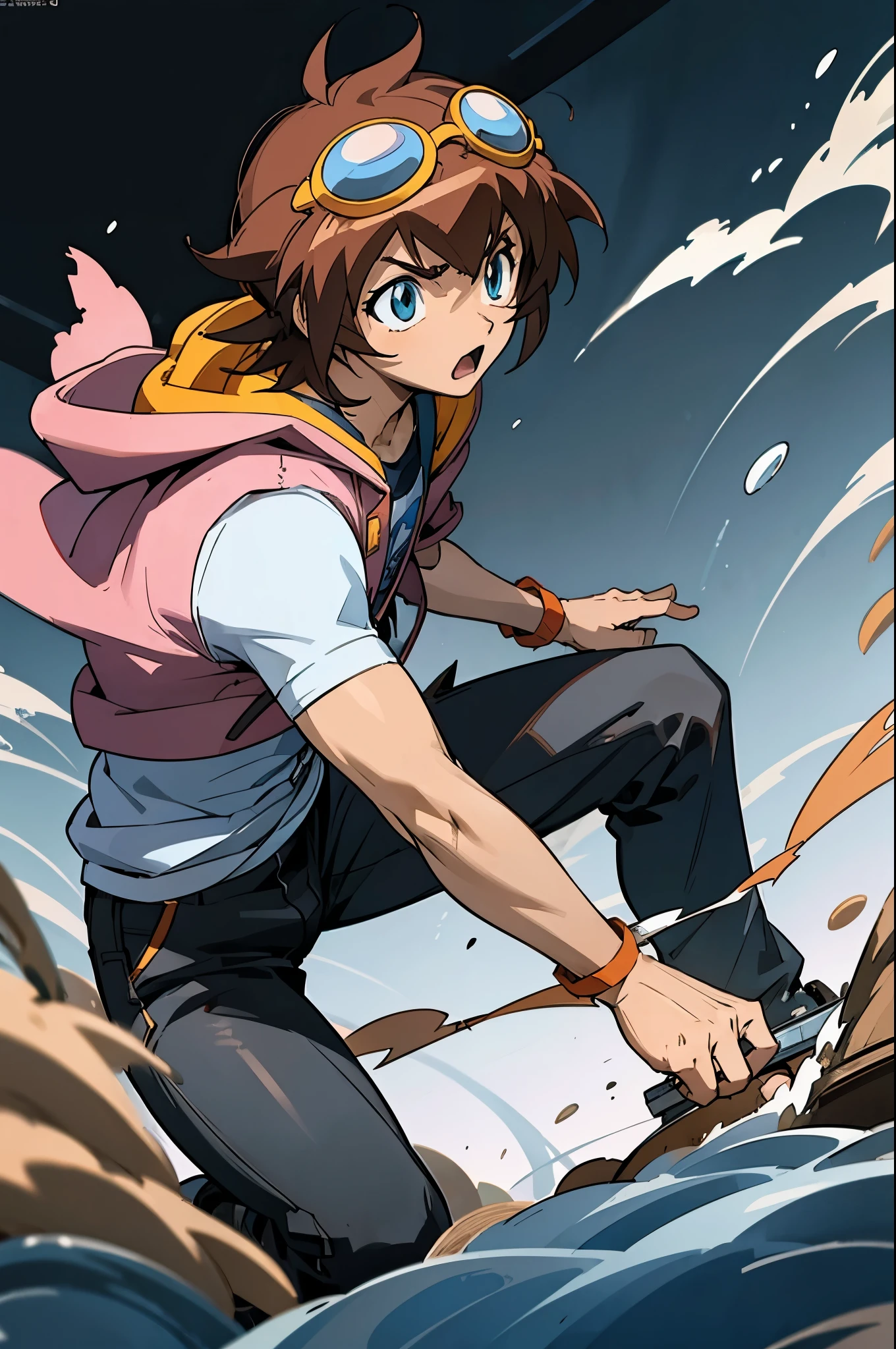 anime, boy, Brown hair, short hair, blue eyes, stylish jacket, black pants, Messy hair, goggles on head, beyblade, male amano madoka, brown hood sweater,