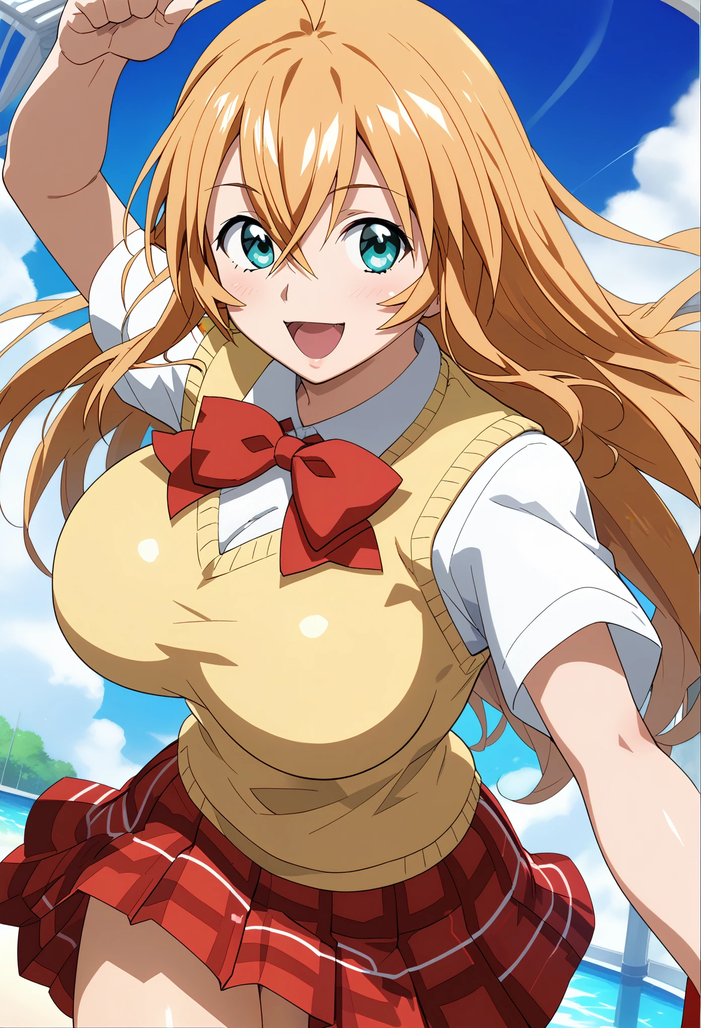 score_9, score_8_up, score_7_up, source_anime, shiny skin, 1girl, solo, outdoors, school,sonsakuhakufupony, long hair, blonde hair, aqua eyes, hair between eyes, antenna hair, huge breasts, sexy, glamor, school uniform, red bowtie, yellow sweater vest, red skirt, plaid skirt, anime screencap, smile, looking at viewer, cowboy shot,open mouth, fighting stance, 