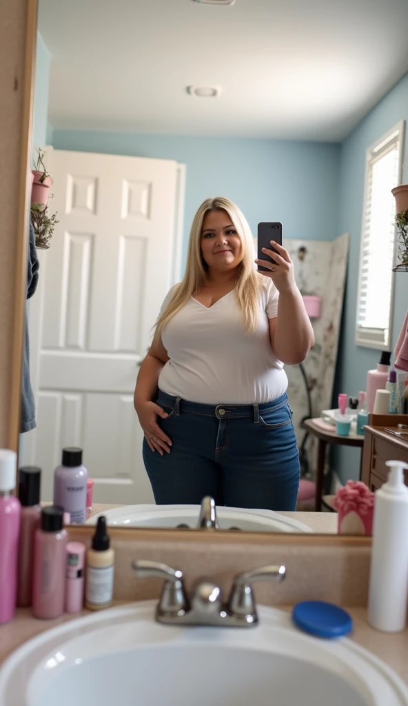 Chubby bbw thic fat blonde woman, chubby belly, chubby ass, shaved pussy, blonde hair, in clothing fitting room, naked, Golden necklace, with husband, smiley expressions, full.body, view from behind