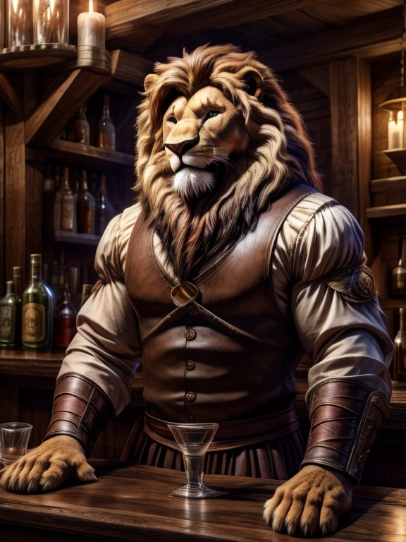 (best quality,4k,8k,highres,masterpiece:1.2),ultra-detailed,(realistic,photorealistic,photo-realistic:1.37),lion,anthropomorphic,big blonde mane,green eyes,muscular body,round and chubby belly,tight-fitting medieval-style underwear,bare chest,alone in a tavern,with a beer