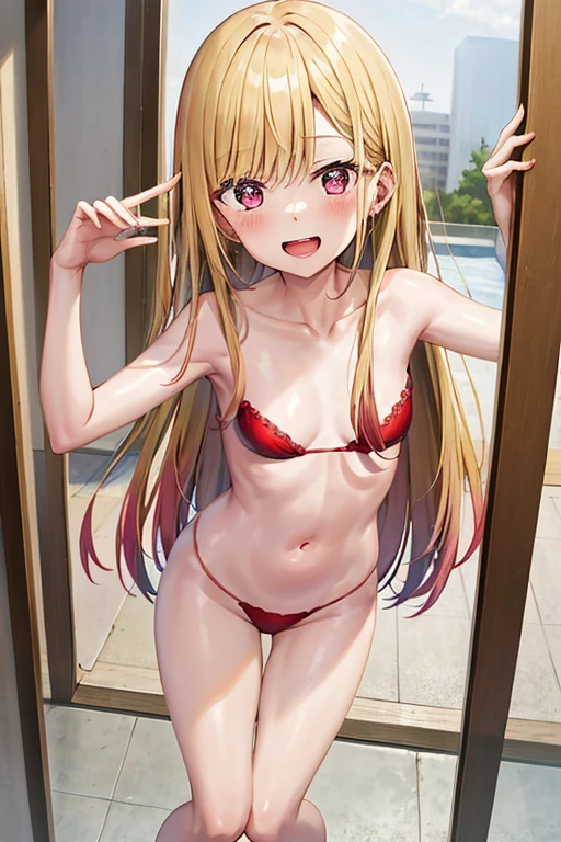 ((Best Quality)), ((masterpiece)), (be familiar with),  perfect face, indoor, bedroom, Watching the audience,
One woman, Kitagawa Marin,
Open Mouth, Ecstatic expression, blush, smile,
Small breasts,  flat chest, , , , Girl,
Long Hair, Long Hair,
Leg spread,