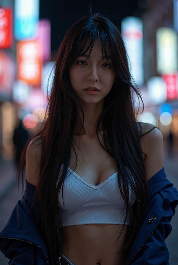 Realistic Photo,  Japanese Women, Tank tops, Long Black Hair、Straight Hair、(( REALISTIC LIGHTING , Best Quality, 8k)),   Slim Abs, ((Dark brown hair)（Exterior，In the middle of the night），Ultra-thin face，Fine grain，double eyelid，Leaking all over her delicate breasts、tits、Blue coat、Cyberpunk、Night Street、Jump High、 fighting pose 、Put your whole body on camera、Christmas