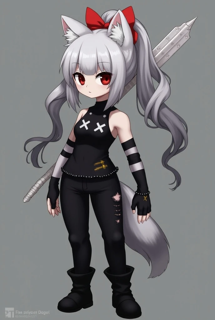 1girl, red eyes, short hair, white hair, pale skin, skinny body, tight abs, medium breasts, big ass, white fox ears, white fox tail