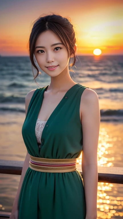 1 girl, (Green spring outfit:1.2), Very beautiful Japanese actress, (RAW Photos, Best Quality), (Realistic,  photoreal:1.4), Tabletop,  so delicate and beautiful ,  very detailed, 2k wallpaper, wonderful, finely,  very detailed CG Unity 8K 壁紙, Super detailed,  High Resolution , Soft light,  very detailed目と顔,   beautiful detailed nose ,  precise and beautiful eyes, Cinema Lighting, (Sunset on the horizon:1.4), Waterfront views, Bright Red Sunset, Sunset reflected on the water,  COMPLETE ANATOMY, Slender body, small, smile,
Pan Focus