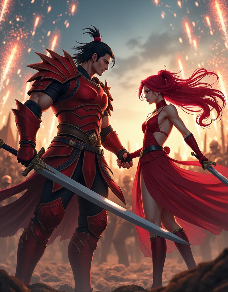 A Beautiful Sexy Muscular Black-haired Male Warrior With A Sword And Red Armor , And A Beautiful Sexy Female Warrior With Red Hair And Blue Eyes And With A Red Warrior Dress And A Sword And With The Background Of A Battle With Several Soldiers And With Fireworks,In a Very Realistic Manga