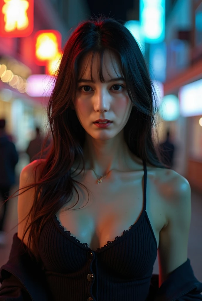 a beautiful Japanese woman, Short black hair, black eyes, A sad look, eyes filled with tears, in a black dress, black heels, On the roof of a building, night has fallen, a full moon in the distance ,(Best quality,4k,8k,high resolution,masterpiece:1.2),Ultra-detailed,(Realistic,photo-Realistic,photo-Realistic:1.37),portraits,deep blue color tones,Studio lighting vibrant