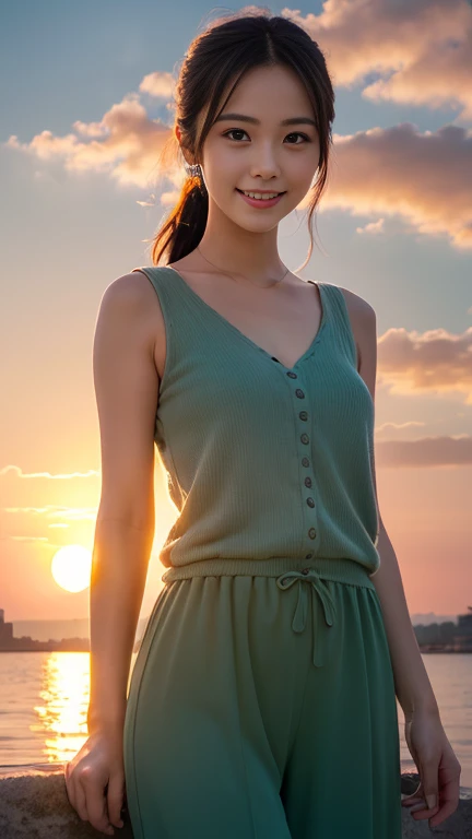 1 girl, (Green spring outfit:1.2), Very beautiful Japanese actress, (RAW Photos, Best Quality), (Realistic,  photoreal:1.4), Tabletop,  so delicate and beautiful ,  very detailed, 2k wallpaper, wonderful, finely,  very detailed CG Unity 8K 壁紙, Super detailed,  High Resolution , Soft light,  very detailed目と顔,   beautiful detailed nose ,  precise and beautiful eyes, Cinema Lighting, (Sunset on the horizon:1.4), Waterfront views, Bright Red Sunset, Sunset reflected on the water,  COMPLETE ANATOMY, Slender body, small, smile,
Pan Focus