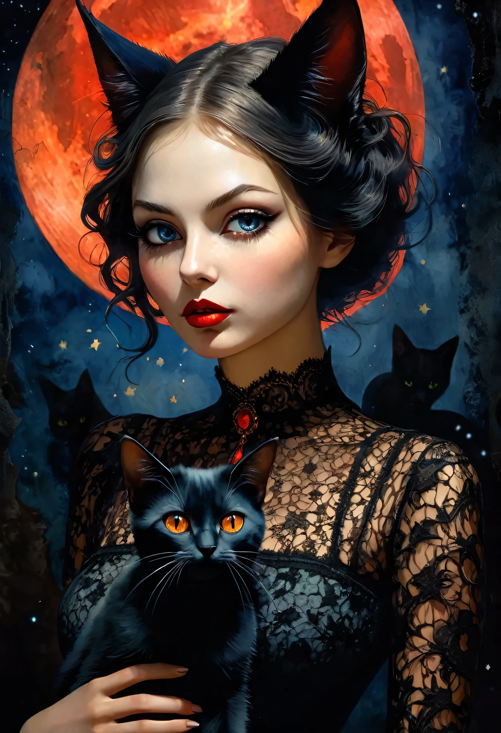 satanic cat and sexy girl, lace dress, , red moon, stars, magic, dark,(best quality, 4k, 8k, high resolution, masterpiece: 1.2), ultra-detailed, (realistic, photorealistic, photorealistic: 1.37), details intricate, vivid colors, sharp focus, professional, Dave McKean artwork, surrealism oil touch, oil painting style, portrait, woman, beautiful detailed eyes, beautiful detailed lips, dreamy atmosphere, shadow play, lighting soft, fun pose, dark tones, ethereal background, fantasy elements, texture, layered composition.