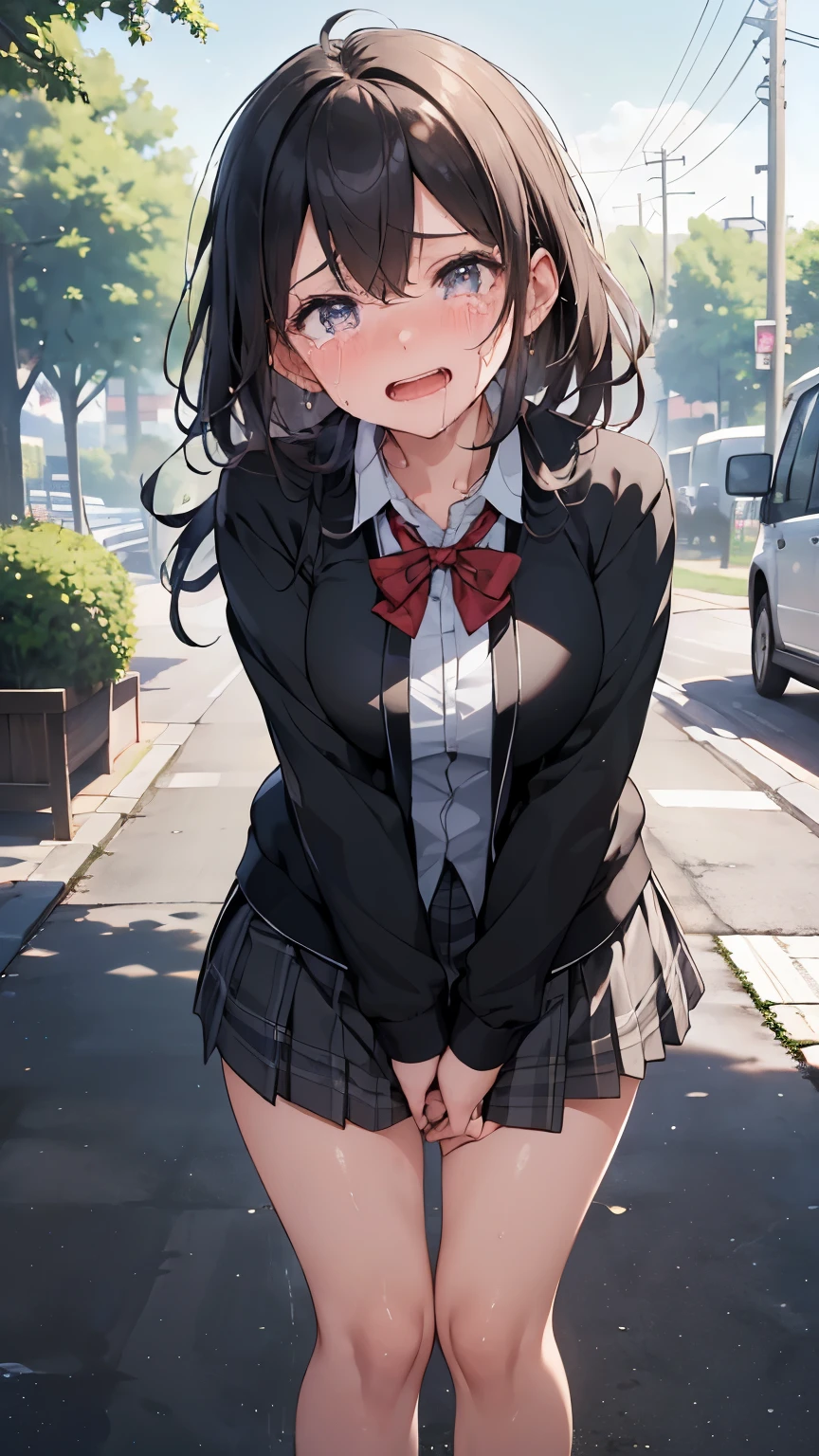 (masterpiece,beautiful,hughres,CG,8k,16K,best quality,high-resolution,detailed fingers,detailed hands,detailed legs,detailed eyes:1.7),(from below:1.6),(cowboy shot,crotch focus:1.5),1girl,(school uniforms,black cardigan,white shirt,plaid skirt,black skirt,black medium hair,medium breasts:1.6),(red bowtie:1.2),(outdoors,sidewalk:1.5),(have to pee:1.1),(urge to pee:1.2),(very desperate to pee:1.3),(standing:1.4),(knees together and feet apart:1.3),(rub each other's knees:1.6),(hand between legs,holding the crotch:1.6),(erotic waist twist:1.4),(female orgasm,pussy juice:1.2),(open mouth,gasping,heavy breathing,blush:1.6),(impatience:1.2),(flustered),(fidgeting around:1.3),(steam:1.3),(sweat skin:1.4),(streaming tears:1.6),(drooling:1.4),(looking down at viewer:1.4)