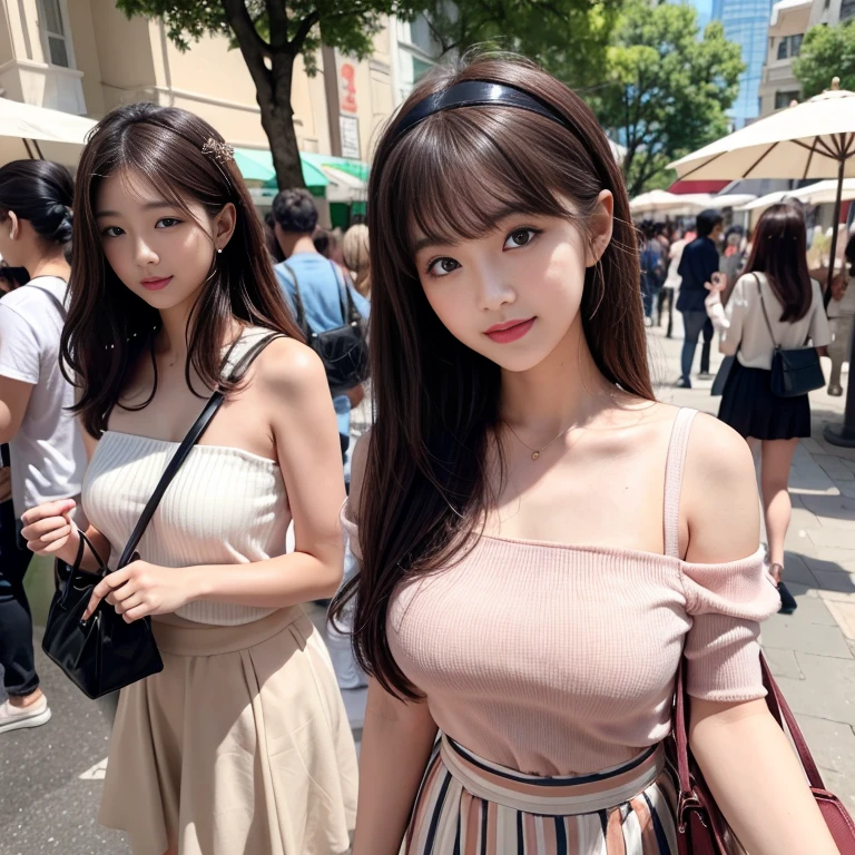 highest quality、Natural Lip、Fair skin、Great light、Beautiful lighting、((Straight hair))、Parted bangs、((ponytail))、((Black Hair))、Blunt bangs、Off the shoulder、Big cleavage、White crop top、mini skirt、Gorgeous Accessories、Kyoto、Old townscape of Japan、Crowds in the city