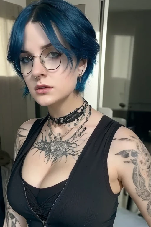 Petite pale girl, skinny, black hair and glasses, biohazard tattoo on arm, septum ring, nude, nsfw,