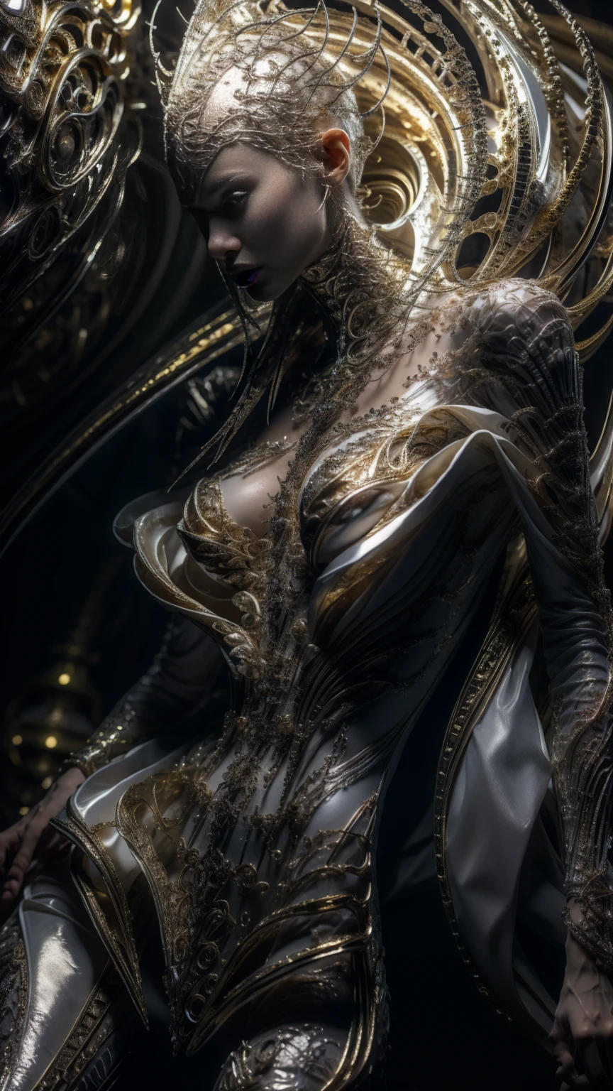  girl with futuristic mechanical armor in black and with gold metallic details,    body image of legs upwards , open legs,   very thick vagina showing ,   thick and muscular legs and arms  ,   big breasts,   semi-mechanical semi-human design , Korean girl's face ,  spectacular lower angle ,   Film lighting  ,   intricate and highly detailed mechanical details , sharp focus,    photorealistic hoodie ,  8K,   masterpiece,    Very detailed and well-defined face,