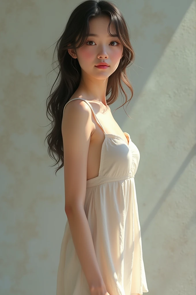 masutepiece, Best Quality, 8K, 1 girl, 20 yo, Full body, Solo, Cute, Girly, Delicate girl, Neat and clean beauty, Raw photo, Professional Photography, Portrait, Soft light, Professional Lighting, Back lighting, look forward to your eyes, Sophisticated, Film grain, (Eyes and faces with detailed:1.0), medium length floating hair, Beautiful flowing hair, Bangs,