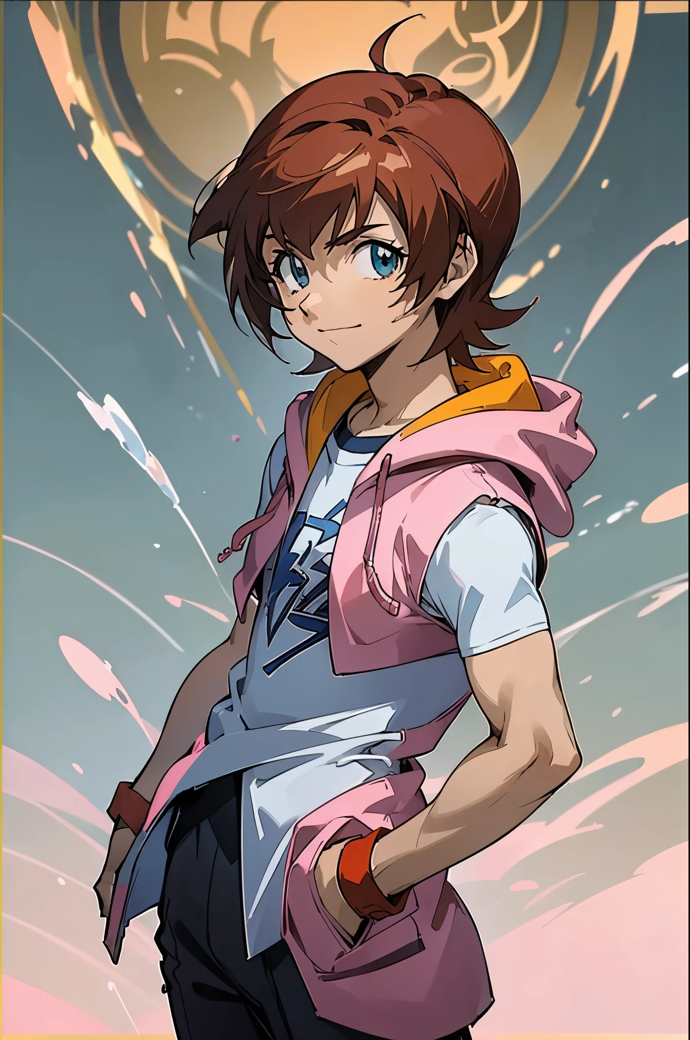 ((Masterpiece,Best Quality)), By hand_male_madoka_Beyblade, 1 male, Alone, short hair, aquamarine eyes, Brown hair, Amano Madoka gogges on head, The Great Passage, red jordans, pink hoodie, Fingerless glove, peach sign, Alone, SMILE, looking at the viewer, bright Eyes,, young male, cowboy shot, body facing viewer, arms in pockets, 