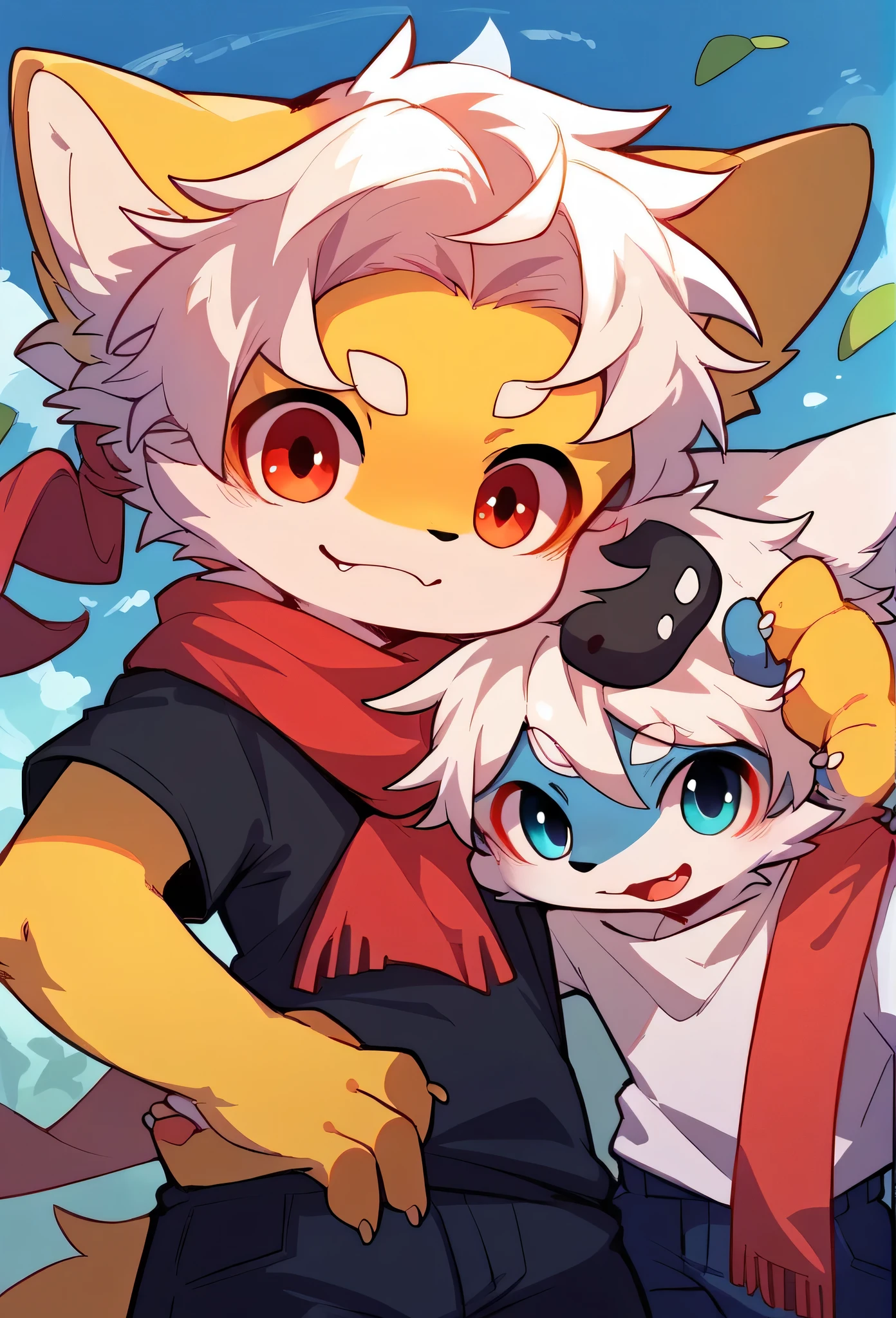 Fox Boy，furry boy，Characteristics of young ren，White hair，Yellow skin，White Arm，Short sleeve，red scarf