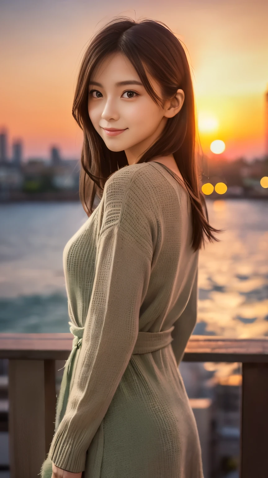 1 girl, (Green spring outfit:1.2), Very beautiful Japanese actress, (RAW Photos, Best Quality), (Realistic, Photoreal:1.4), Tabletop, so delicate and beautiful , very detailed, 2k wallpaper, wonderful, finely, Very detailed CG Unity 8K wallpaper, Super detailed, High Resolution , Soft light, very detailed目と顔, beautiful detailed nose , precise and beautiful eyes, Cinema Lighting, (Sunset on the horizon:1.4), Waterfront views, Bright Red Sunset, Sunset reflected on the water, COMPLETE ANATOMY, Slender body, Slender Line, small, smile,
Pan Focus