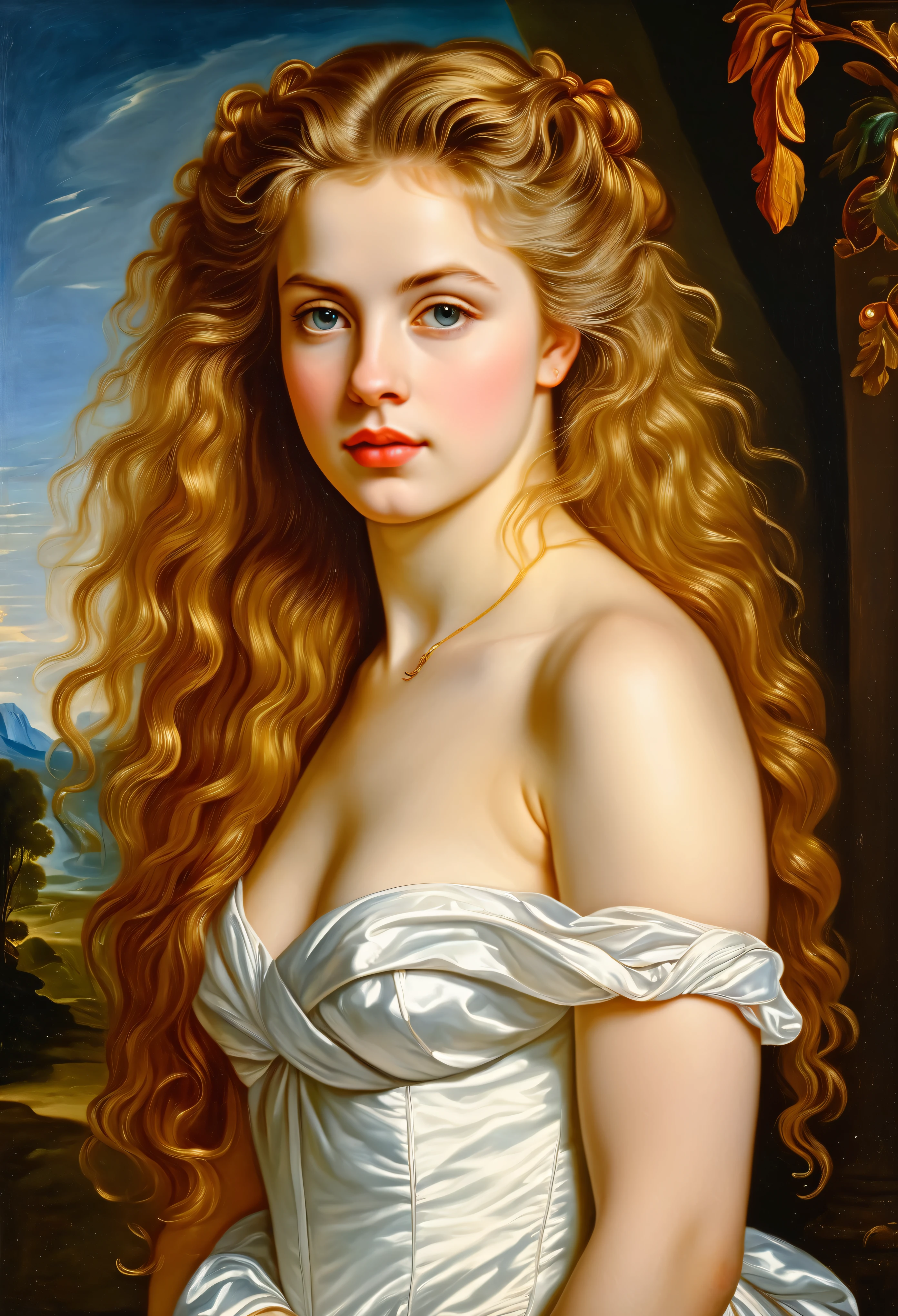 um close up de uma pintura de uma mulher linda com longos cabelos ruivos, beleza deslumbrante, mulher linda, olhos claros, como uma deusa, arte la Chapelle, em uma mistura de estilo de Botticelli, Boticelli, estilo Botticelli, Estilo Sandro Botticelli, Afrodite Deusa do Amor, Botticelli, No estilo de Sandro Botticelli, inspirado em Sandro Botticelli, Sandro Botticelli. muito macio