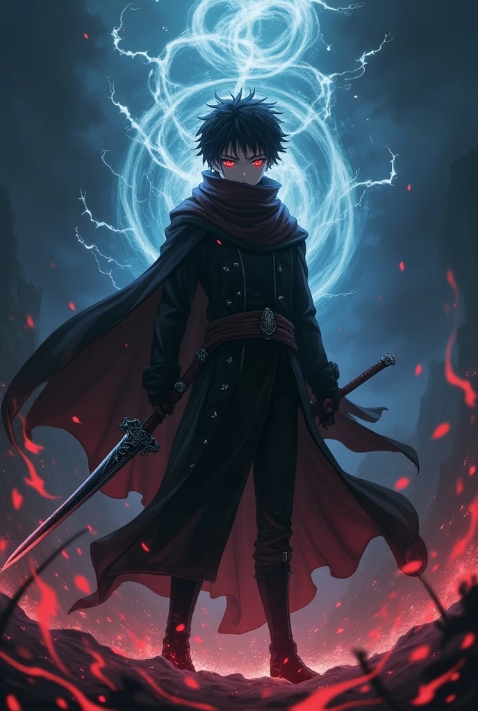 Create a Naruto style character. Big black hair with a sword, he has one red eye and one blue eye. His clothes are all black.