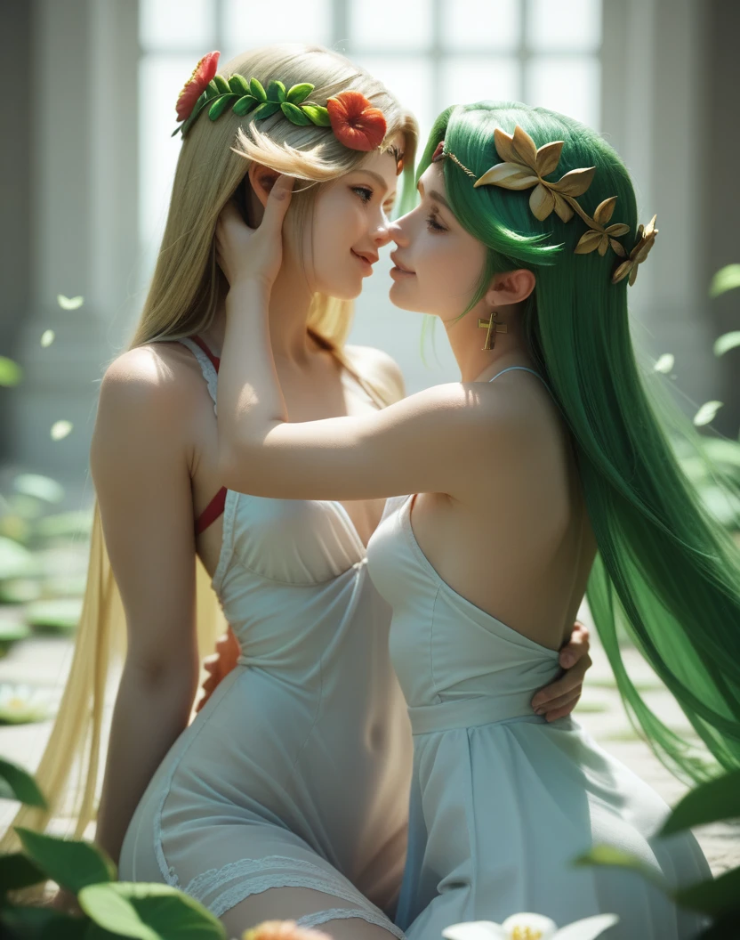 Anime pornographic art of a woman in a white dress and a green hat, backlit,  cute butts sexy robots, thick,  woman Link and Malon kissing , bowing, lady palutena, low vision, palutena, melting into lilligant, on your knees, very perfect position, giantess art, cammy, palutena smash, bloodshot eyes, cross-eyed, crazy smile, Ukiyo-e, anime, chromatic aberration abuse, cinematic lighting, 4K, anatomically correct, super detail, high details, award winning