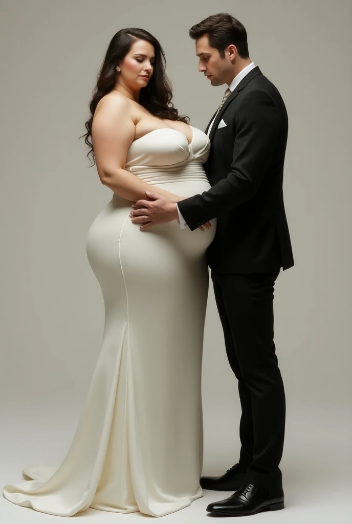An attractive pregnant woman and a handsome man, kissing devotedly in the park, The woman has ((gigantic breasts)) and is wearing a blouse, business trousers and high heels