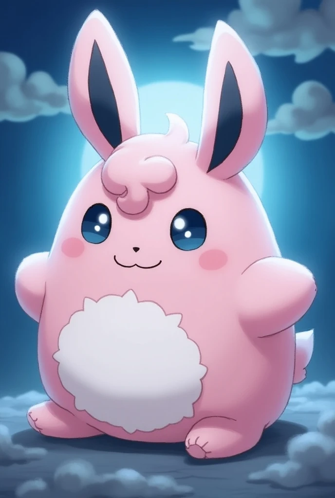 Cuddly puff is a pink Pokémon with an oval body shape . His stomach and the area around his mouth are white . It has long , ears reminiscent of a rabbit , which have a black inner fur . The normal fairy type has two large , round eyes, with a white sclera and blue pupils . There is a hair fluff curled upwards above the eyes . It has two short arms , which can be seen below the mouth . Finally, there is a pink Pokémon with an oval body shape , which are not connected to it by legs , lying on this . lowest part of the body two elongated feet {x} The background shows a nocturnal scene with a bright full moon and soft clouds, that glow in the light of the moon .