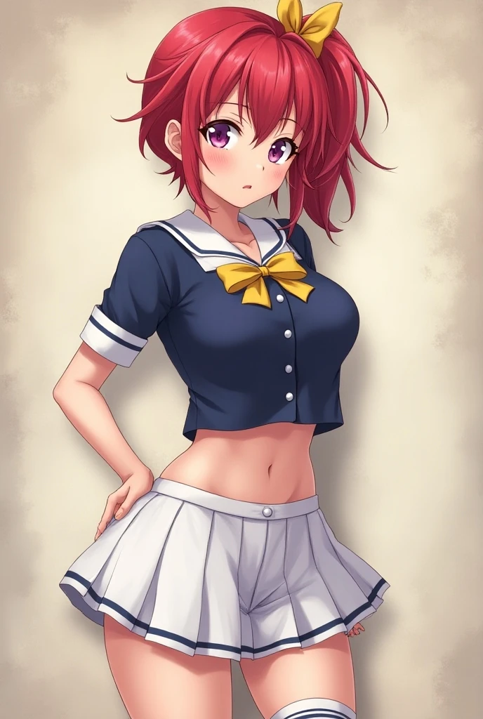 <lora:Ironmouse:0.8> ironmouse, purple eyes, pink hair, purple hair, streaked hair, two side up, horns, smile, <lora:ShimaCos3070:1> shimacos, crop top, thighhighs, elbow gloves, microskirt. For the panties you can use black panties, highleg panties, cameltoe, paper airplane, blue sky,, absurdres, ultra detailed, masterpiece, best quality, aesthetic, detailed,