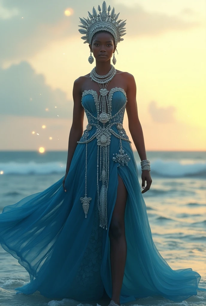 Obra prima , alto realismo , Camera raw , Yemanja , rainha do mar , entidade africana , deusa ,vestido longo azul claro e transparente , bonita , fundo mar , 4k