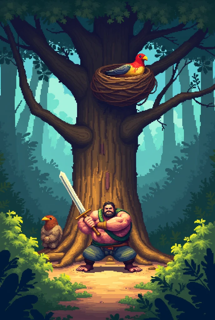 Woodcutter with a Sword , chopping down a tree,  Pixel Style , game,  Tree A huge tree in the middle of the forest ,  Man Cuts it ,  on top of the tree A huge nest in which a bird sits looking at a man from above,  Pixel Style ,