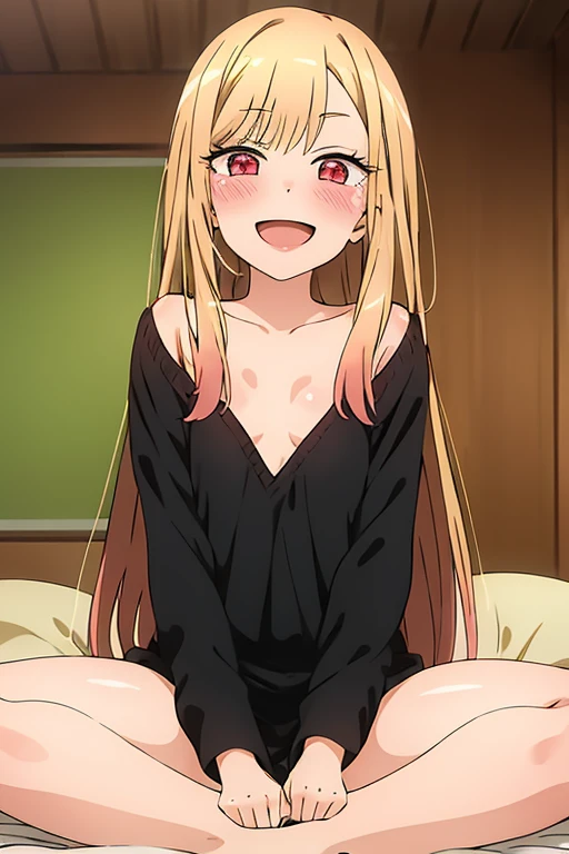10 year old white girl, blonde hair, evil smug grin, naked, spreading legs, in her bedroom 