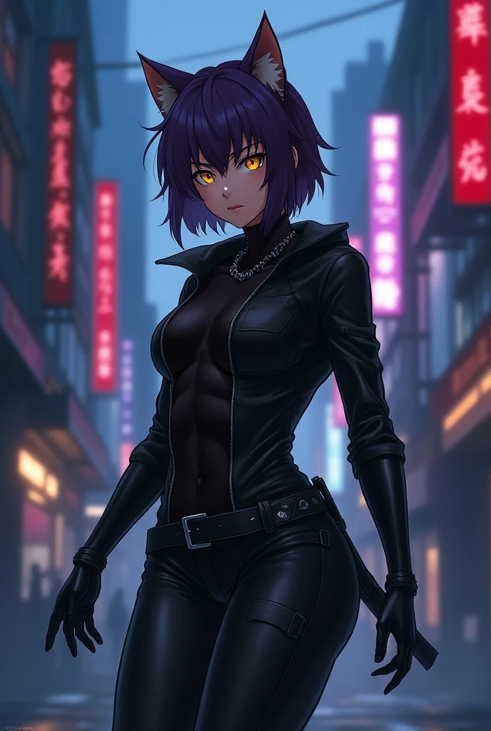 Chica asesina, ((Mature expression)), Short hair with long spikes, Hair dyed cyan and black amethyst, ojos de gema de amatista, ((cuerpo tonificado)), (Dynamic pose on top of a tall building), maduro, Full Picture & Dynamic Landscape, ciudad de noche con las luces de los faros, ((colores opacos y oscuros)), ((Ropa de shinobi negra y amatista)), noche, ((orejas y cola de zorro a juego con su cabello)), Pantyhouse, Anime style