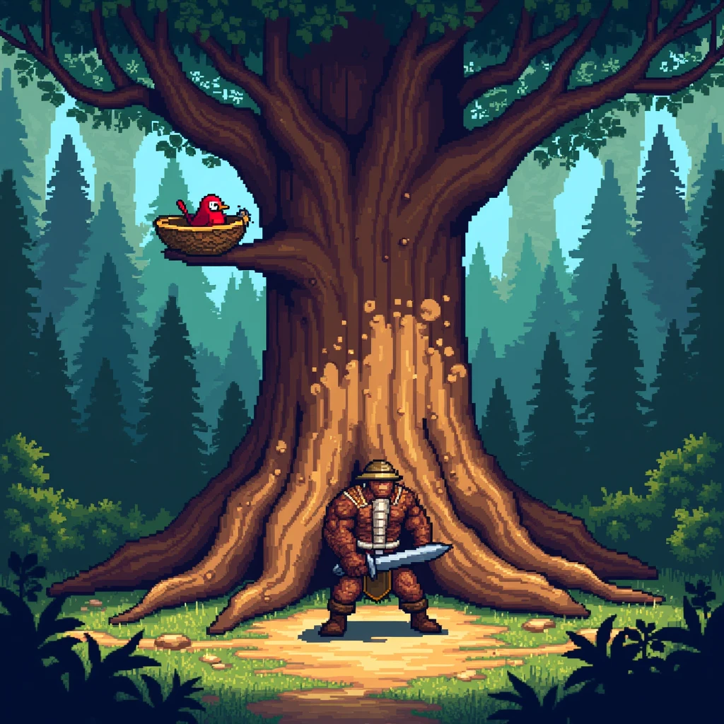 Woodcutter with a Sword , chopping down a tree,  Pixel Style , game,  Tree A huge tree in the middle of the forest ,  Man Cuts it ,  on top of the tree A huge nest in which a bird sits looking at a man from above,  Pixel Style ,