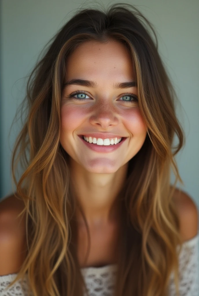 Beautiful brunette with blonde highlights wearing a t-shirt (in house), highy detailed, 2, , boobies, inoccent face, natural wavy hair, blue colored eyes, high resolution, work of art, best qualityer, high and intricate details, highy detailed, sharp focus, skin detailed, realistic skin texture, texture, detailedeyes, proffesional, 4K, charming smile, filmed in canon, 85 mm, Shallow depth of field, kodak vision color, perfect shape body , extremely detaild, fot_\(ultra\), fotorrealisitic, realisitic, Post-processing, maximum details, roughness, real-life, ultra realistic, fotorrealism, fot, 8k hd, fot, busty