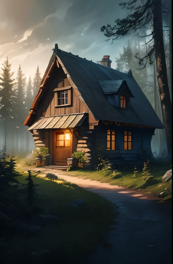 a close up of a small stone building in a forest, solitary cottage in the woods, witch cottage in the forest, witch hut, cottage in the woods, dark fantasy setting, cottage in the forest, house in forest, photorealistic dark concept art, house in the wood, nestled in a forest, beautiful house on a forest path, the house in the forest