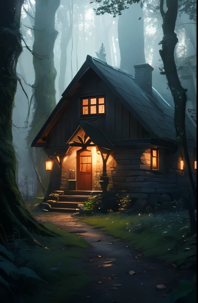 a close up of a small stone building in a forest, solitary cottage in the woods, witch cottage in the forest, witch hut, cottage in the woods, dark fantasy setting, cottage in the forest, house in forest, photorealistic dark concept art, house in the wood, nestled in a forest, beautiful house on a forest path, the house in the forest