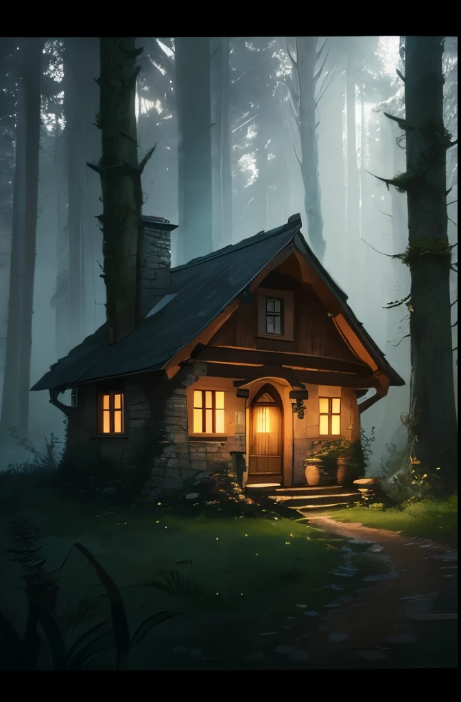 a close up of a small stone building in a forest, solitary cottage in the woods, witch cottage in the forest, witch hut, cottage in the woods, dark fantasy setting, cottage in the forest, house in forest, photorealistic dark concept art, house in the wood, nestled in a forest, beautiful house on a forest path, the house in the forest