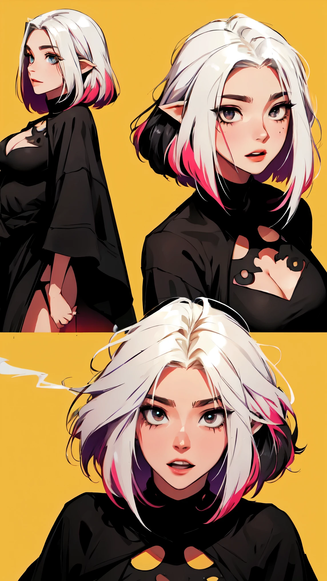 a woman, smile, open mouth, black hair, original, link, yellow eyes, link de cabelo, Teeth, black eyes, text in english, multiple views , colorful skin, dams, girl monster, messy hair, short hair with long locks, + _ +, colorful sclera, cigarette, black sclera, star shaped pupils, purple robe, red skin, EXPRESSIONS, olhos brilhantes, extra eyes, yellow sclera, multicolored skin, extra arms, pink skin, black skin, prehensile hairs