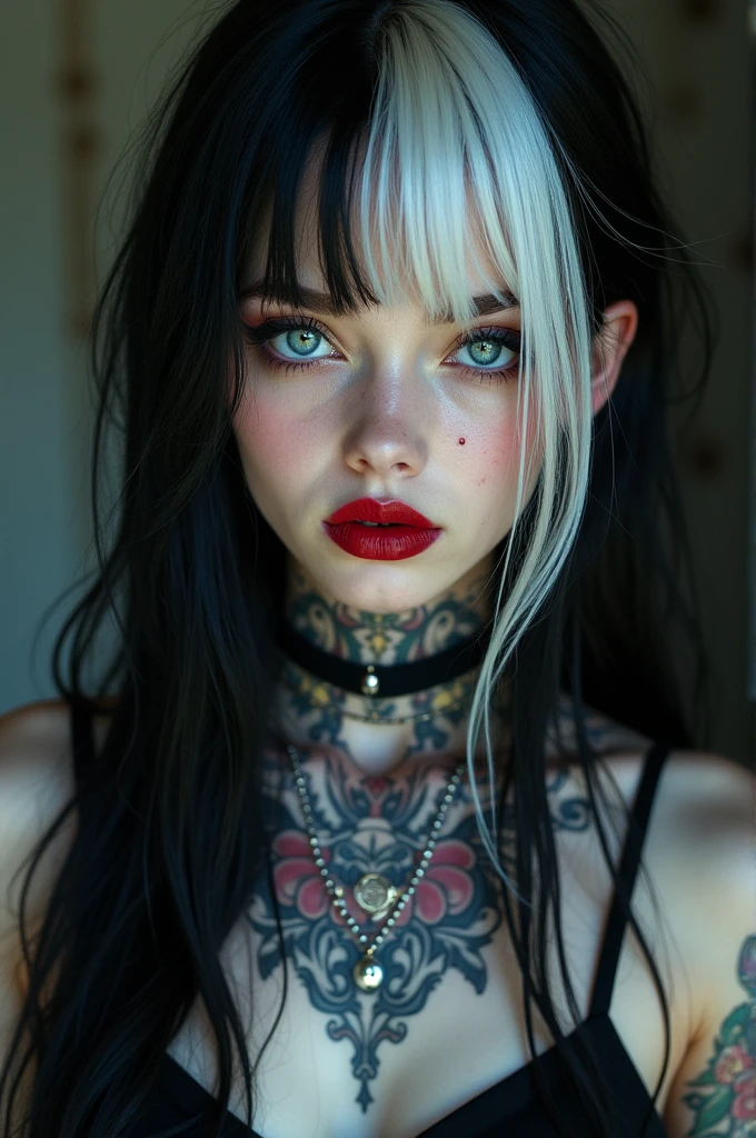 Woman with red eyes, black lips, long hair with half white and half black bangs, tattoos on her neck and hands, very large breasts, very small waist, long large, naked 