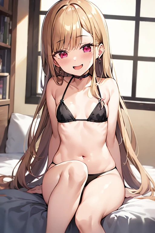 ((Best Quality)), ((masterpiece)), (be familiar with),  perfect face, indoor, bedroom, Watching the audience,
One woman, Kitagawa Marin,
Open Mouth, Ecstatic expression, blush, smile,
Small breasts,  flat chest, , , , Girl,
Long Hair, Long Hair,
Leg spread,