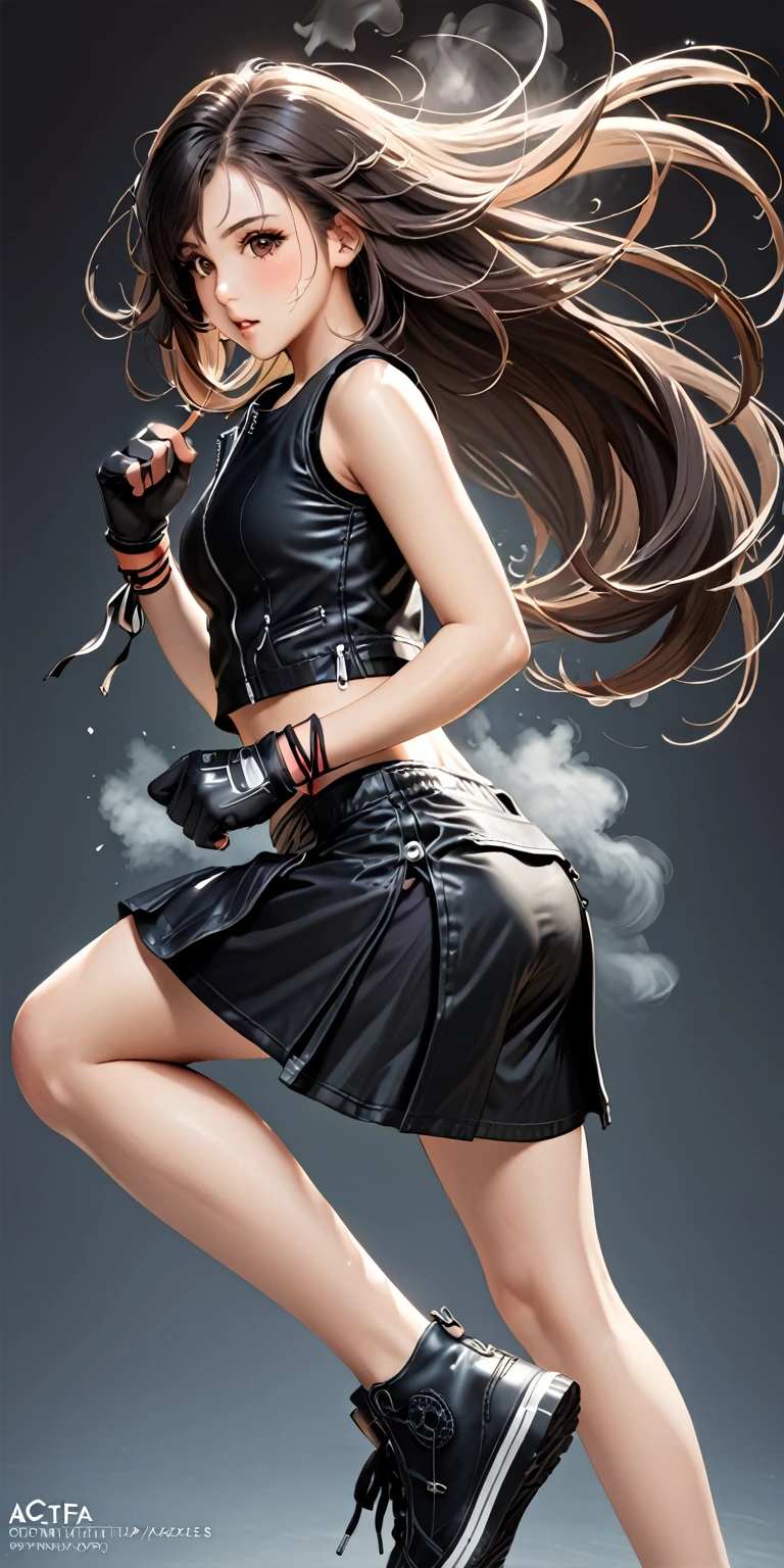 (masterpiece,Highest quality,Ultra-high resolution),(((A very beautiful girl))), age 16, acTifa, brown eyes, long hair, black shirt, black tank top, zipper, black skirt, midriff, black shorts, black gloves, arm ribbon, black sneakers, dynamic pose, sexy pose, blush, hair blowing in the wind, steam:1.3, black background 