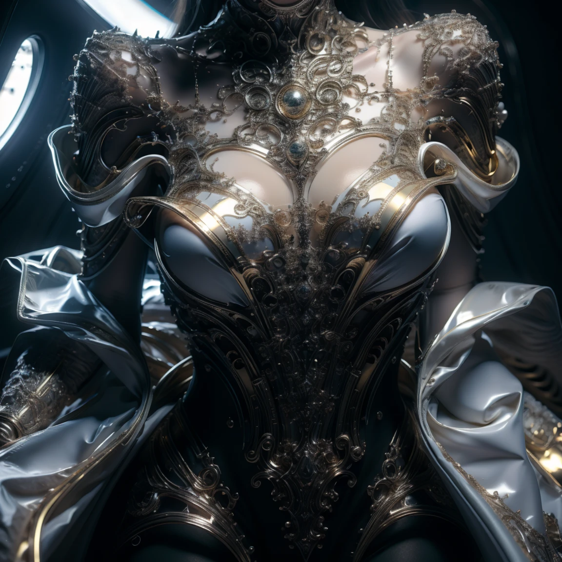  girl with futuristic mechanical armor in black and with gold metallic details,    body image of legs upwards , open legs,   very thick vagina showing ,   thick and muscular legs and arms  ,   big breasts,   semi-mechanical semi-human design , Korean girl's face ,  spectacular lower angle ,   Film lighting  ,   intricate and highly detailed mechanical details , sharp focus,    photorealistic hoodie ,  8K,   masterpiece,    Very detailed and well-defined face,