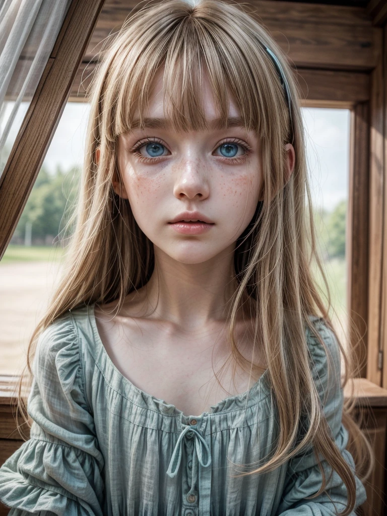 A watercolor painting of a cute european girl, ((dark greenish-blue eyes)), short nose, pale peach blonde hair, ((really long flowing hair with some bangs)), slightly wavy, ethereal, innocent, concave nose, few freckles, pale rosy skin, russian, virtuous, masterpiece, high quality, big lips, no make-up, intricate details, virtuous, modest, linen dress, ((traditional dress)), natural light, sunlight, close-up, linen, layered dress, round face, short face