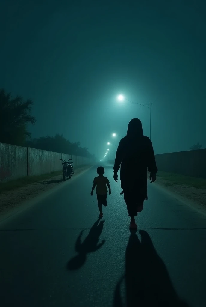 a asian muslim mother holding a bamboo stick chasing her small asian muslim child with an angry face. The mother from back chase the boy. , the boy running away with fear face, detailed facial features, dramatic lighting. Running effect, cinematic composition, moody atmosphere, high contrast, photorealistic, award winning photograph, 8k, HDR. 1980 timeline